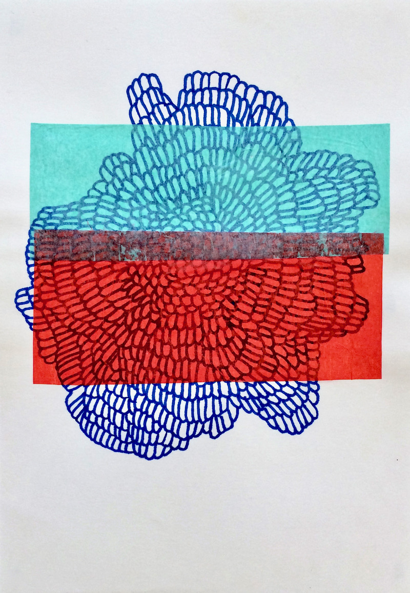 Through Coloured Glass II // Läpi värillisen lasin II, 2023, marker pen and tissue paper on paper, 30 x 21 cm